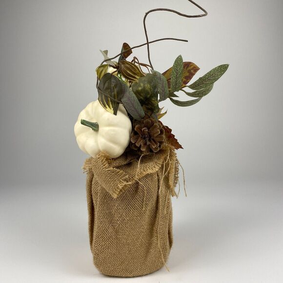 Autumn Greenery Burlap White Pumpkin Cottage Rustic Thanksgiving Centerpiece 14" - Picture 6 of 7